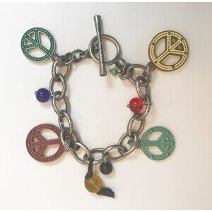Lucky Brand Peace Sign Charm Toggle Bracelet Silver-tone EUC Colorful